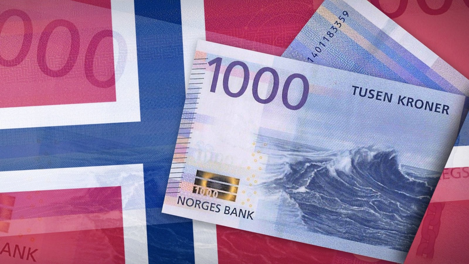 1,000 Norwegian kroner banknote with the flag of Norway.