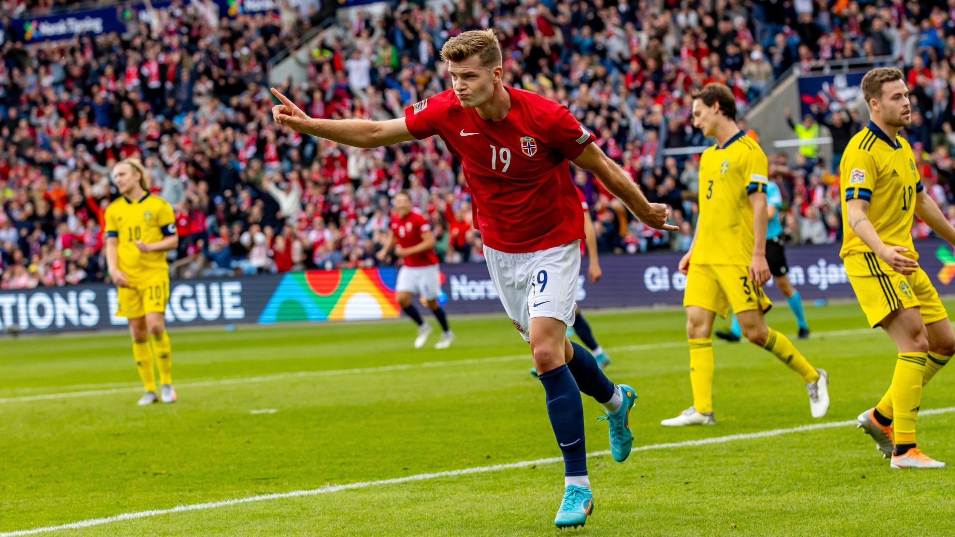 Alexander Sørloth scoring for Norway against Sweden. Photo: froarn / Shutterstock.com.