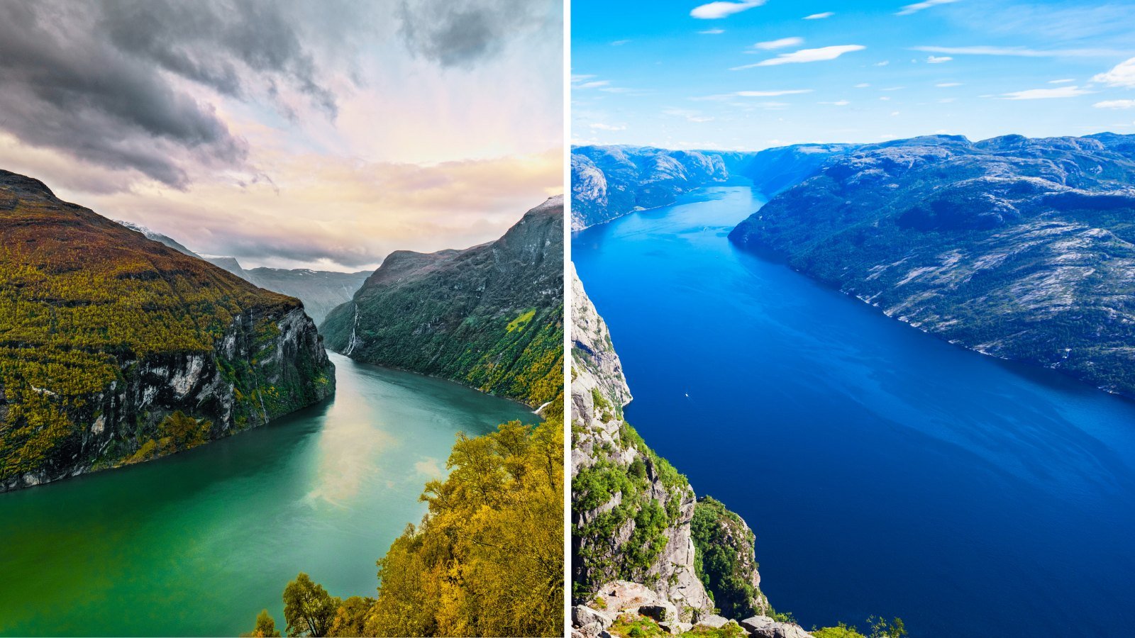 Famous views of the Geirangerfjord and Lysefjord in Norway.