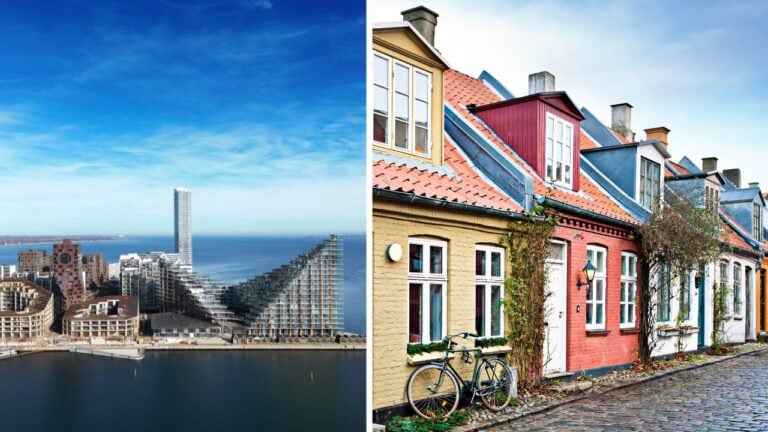 Architecture moderne et bâtiments traditionnels à Aarhus, au Danemark.